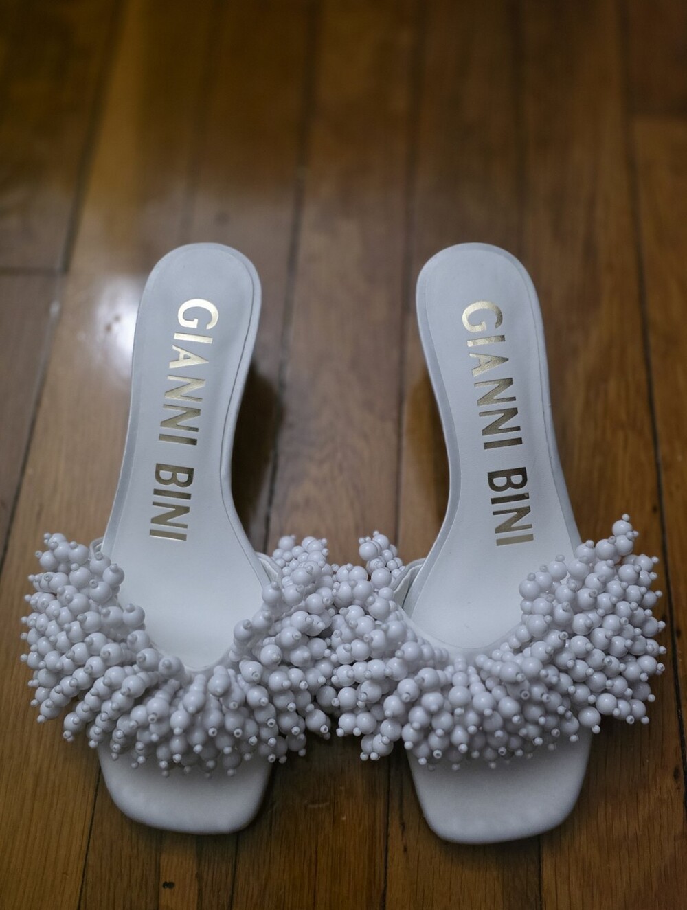 Gianni Bini White Beaded Slide Mules